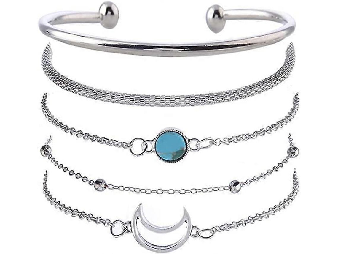 Conjunto De 5 Pulseiras De Prata Com Pingente De Lua, Turquesa E Pérolas, Para Mulheres E Meninas. Nostalgia88