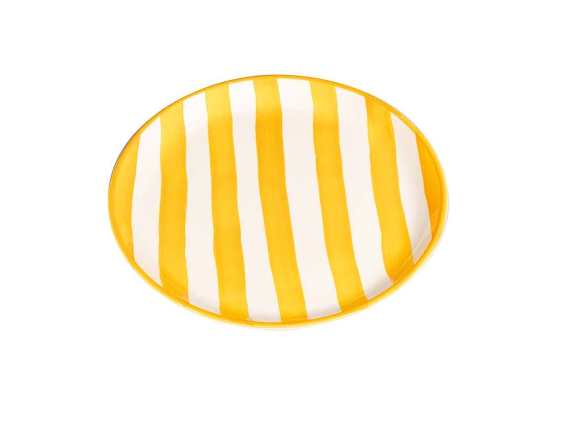 Conjunto de 2 mesas de cerâmica acetinada com listras feitas à mão, 28 cm, fabricadas na Itália, design moderno amarelo para uma mesa muito elegante.