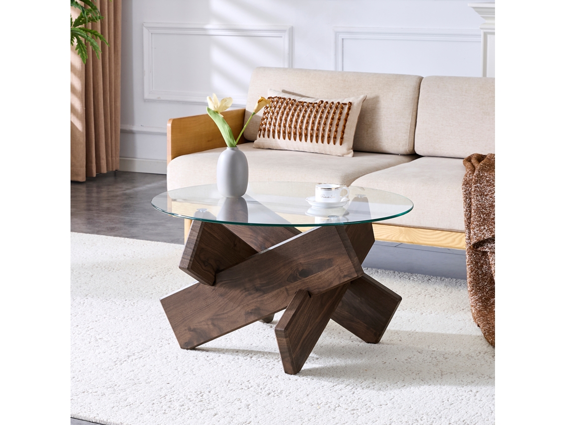 Mesa Centro Mdf Vidro Redonda 79cm Nogueira Escura Elegante Sala