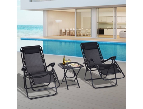 Outsunny Conjunto de 2 espreguiçadeiras e 1 mesa dobrável Cadeira de gravidade zero Espreguiçadeiras ao ar livre relaxantes Encosto reclinável Textilene para Jardim Pátio preto