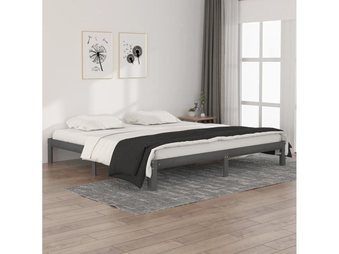 Estrutura De Cama 200x200 Cm Pinho Maciço Cinzento