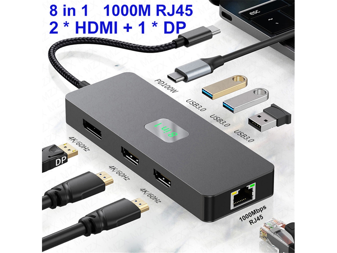 Yizhood 8 em 1 Usb 3.2 Hub 4k60hz Docking Station Suporte Hdmi Dp 3.0 1000m C Tipo Cinza