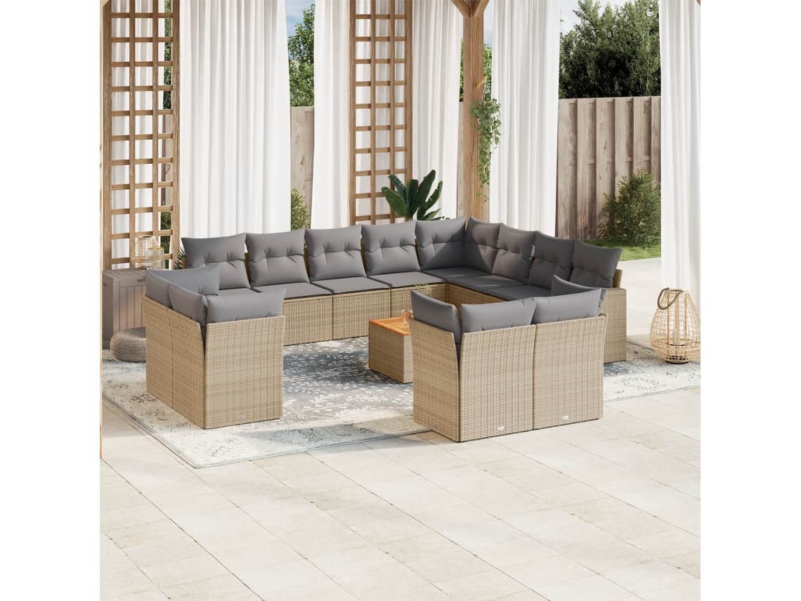 Vidaxl 13 Pcs Conj. Sofás Jardim C/ Almofadões Vime Pe Bege Misturado