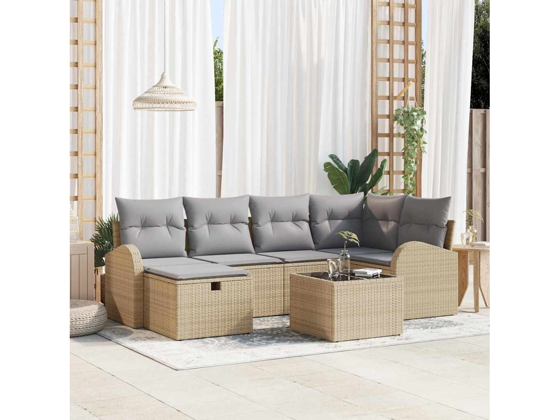 Vidaxl Conjunto De Sofá De Jardim 7 Unid. Bege Vime Pe