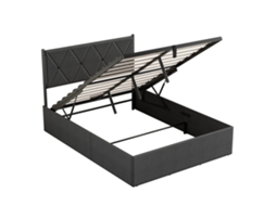 Cama Com Baú 140 X 190 Cm, Base Elevável, Com Espaço De Arrumação, Cabeceira, Cinzenta