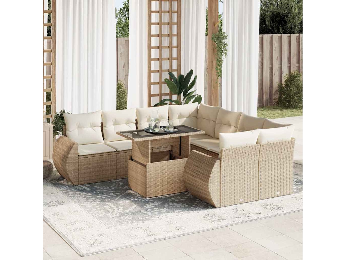 Vidaxl 9 Pcs Conjunto de Sofás P/ Jardim com Almofadões Vime Pe Bege