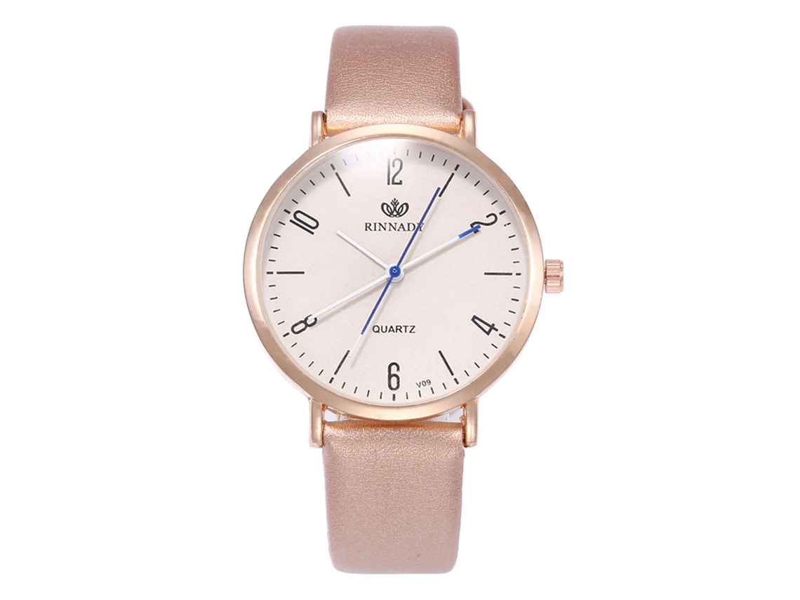 Relógio de quartzo casual para homens e mulheres com pulseira de couro PU dourada.