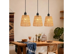 Luminária pendente boho NETTLIFE em rattan com 3 lâmpadas E27 de estilo vintage com acabamento brilhante (lâmpadas não incluídas).