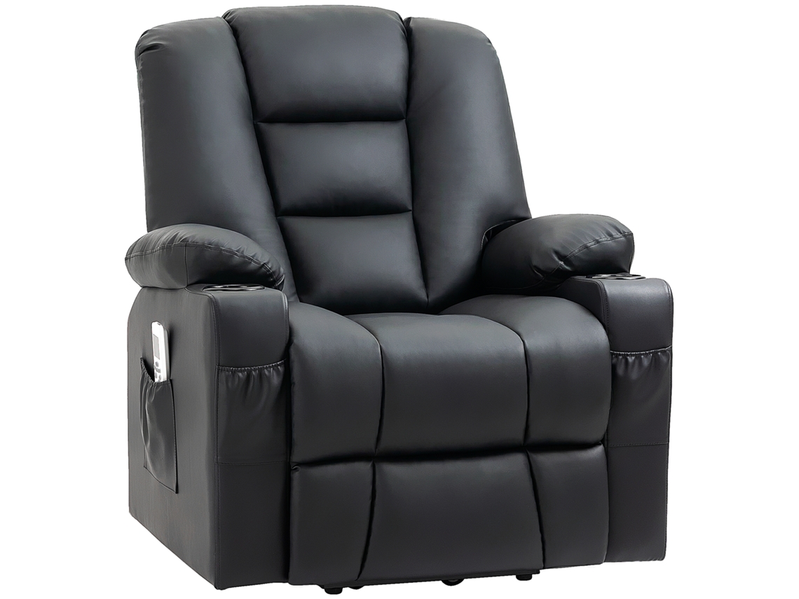 Poltrona Reclinável com Assistência em Pé, Usb, Função Massagem, Imitação de Couro, Até 150 Kg, 90x98x102 Cm, Preto