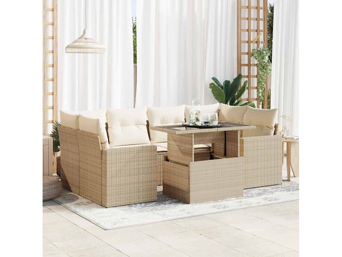 Vidaxl 7 Pcs Conjunto De Sofás P/ Jardim Com Almofadões Vime Pe Bege