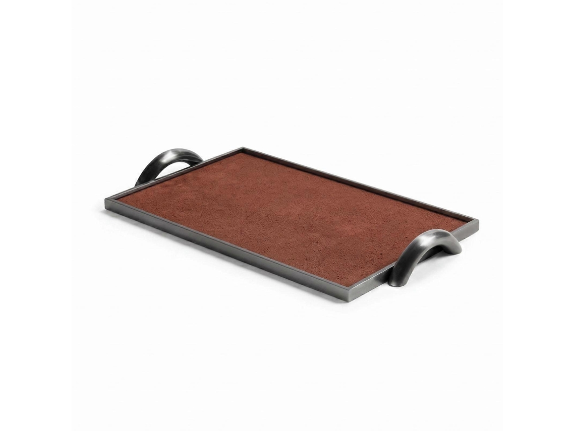 Bandeja Retangular De Metal Com Bordas Elevadas E Alças Em Formato De Laço, Design Minimalista.
