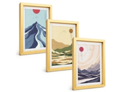 Conjunto De Pinturasmontanhas Em Tons Pastel, Estilo Japonês Moldura Dourada Quadros Para A Sala De Estar Espelharte (3 Peças 20x30 Cm)