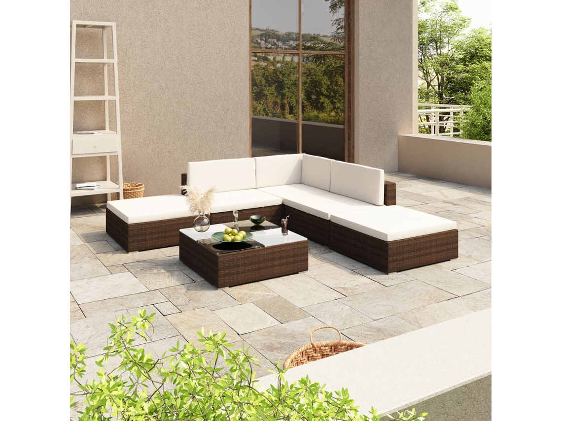 Vidaxl 6 Pcs Conjunto Lounge Jardim C/ Almofadões Vime Pe Castanho