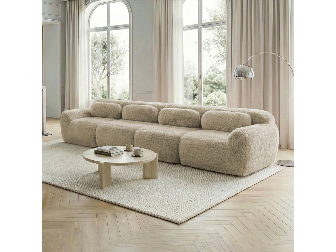 Sofá de 4 Lugares Plush Premium, Modular, Antiderrapante, com Almofadas Cáqui Claro MOBRIO