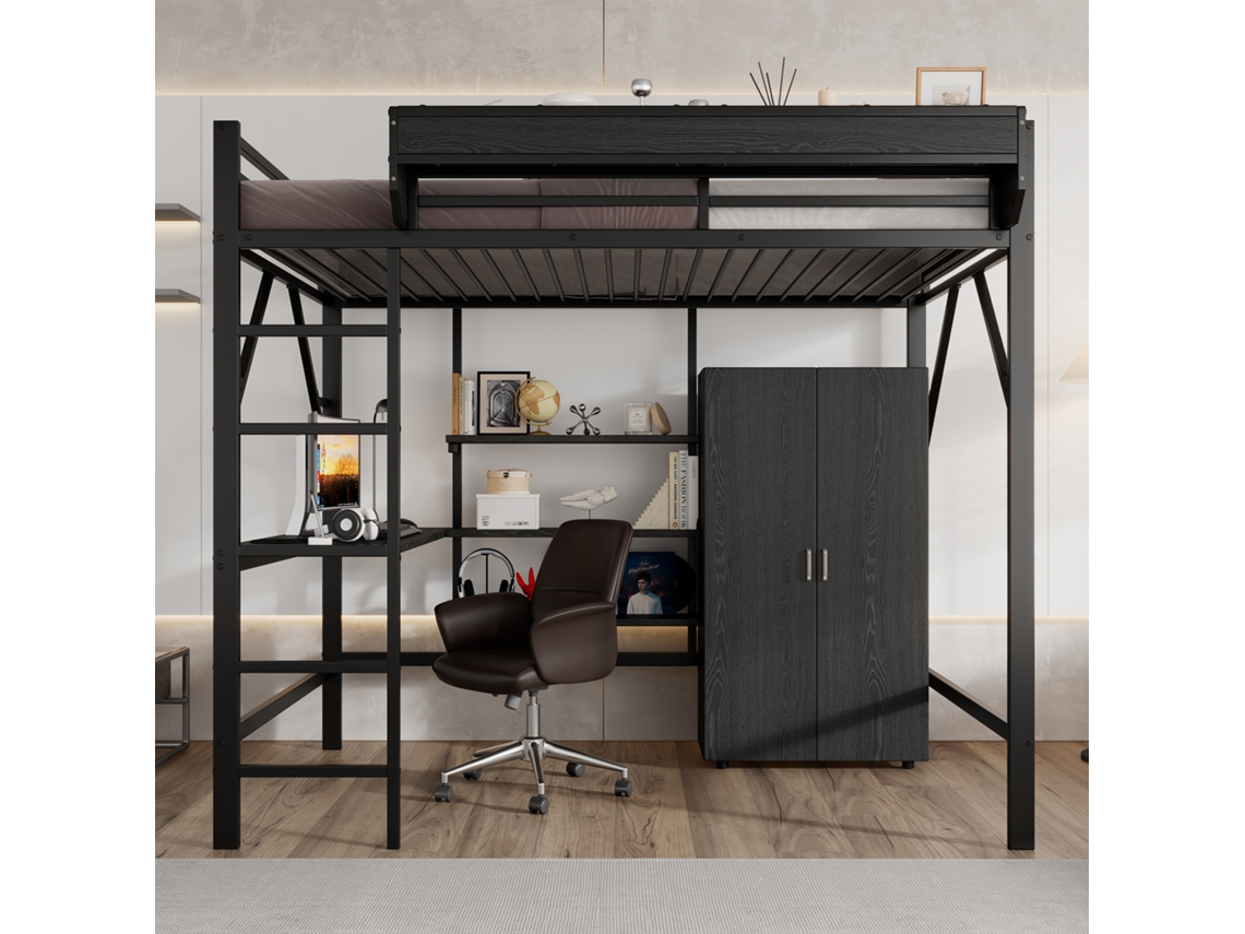 Cama De Ferro 140x200cm Preto Com Armário, Prateleiras E Armazenamento Duplo