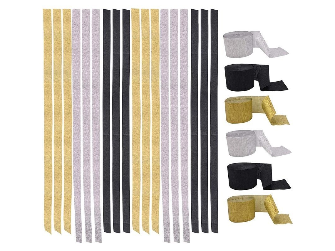 Fitas de Papel Crepe Nova LINE, 6 Rolos, Decoração de Fundo, Dourado, Preto, Prata