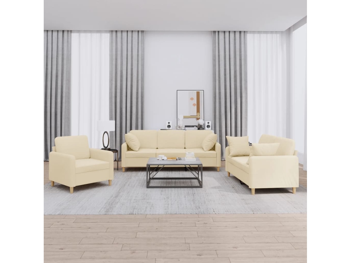 Vidaxl 3 Pcs Conjunto De Sofás Com Almofadas Tecido Cor Creme