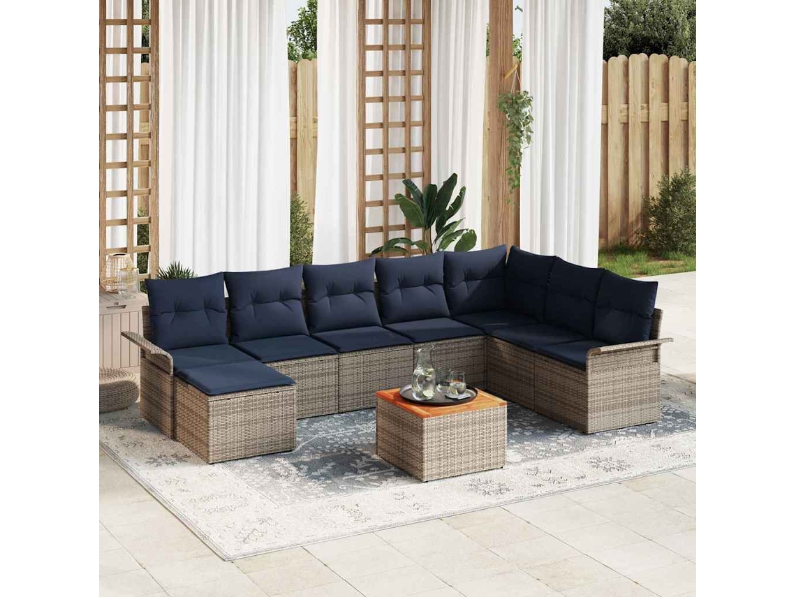 Vidaxl Conjunto De Sofá De Jardim 9 Unid. Cinza E Azul Marinho Vime Pe