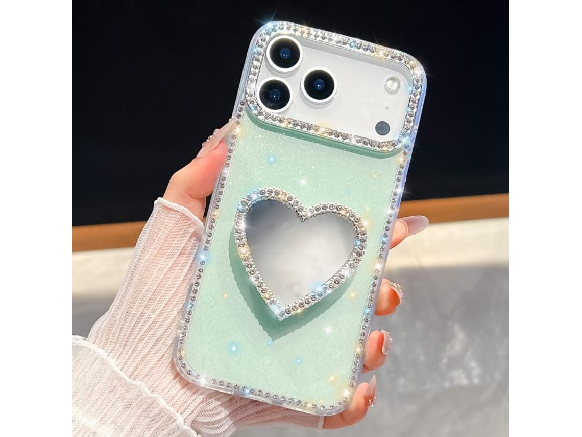 Capa Para Iphone 17 Pro Max Com Espelho Com Glitter De Diamante E Suporte Em Forma De Coração.
