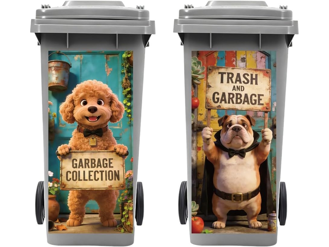 Conjunto De 2 Adesivos Decorativos Para Lixeiras Externas Peacoblue, Cachorro Segurando Uma Placa, 38 X 82 Cm