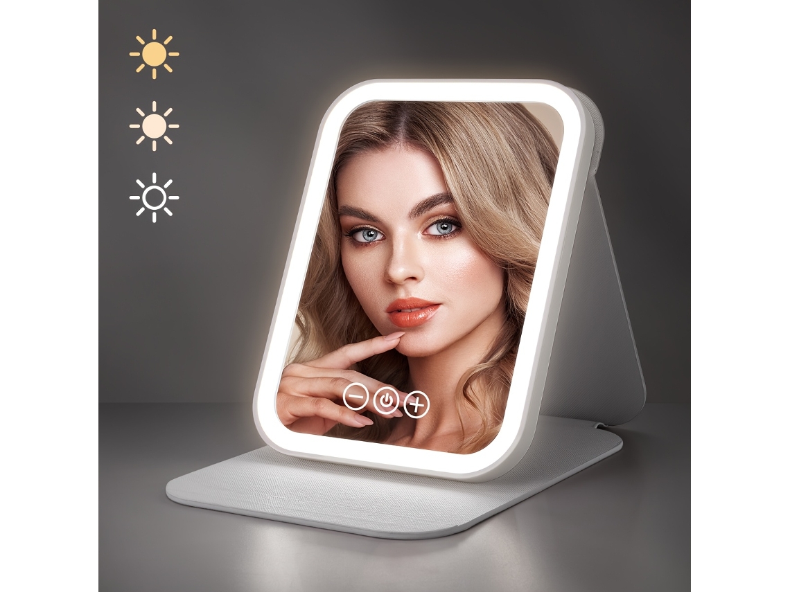 Espelho de Maquiagem Iluminado, Beleza Portátil com Luz, Ajuste Três Cores, Tela Tátil Recarregável e Dobrável STELASPLEN