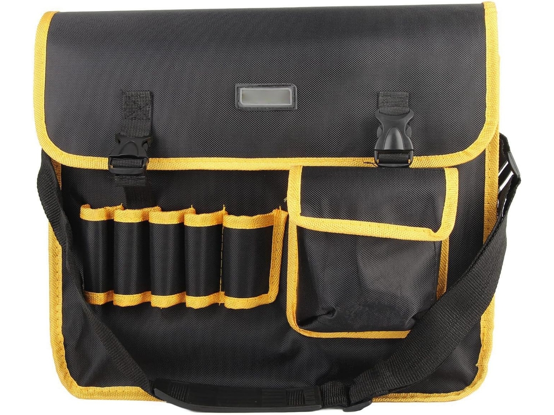 Bolsa para ferramentas de eletricista com diversos compartimentos e bolsas para armazenamento.