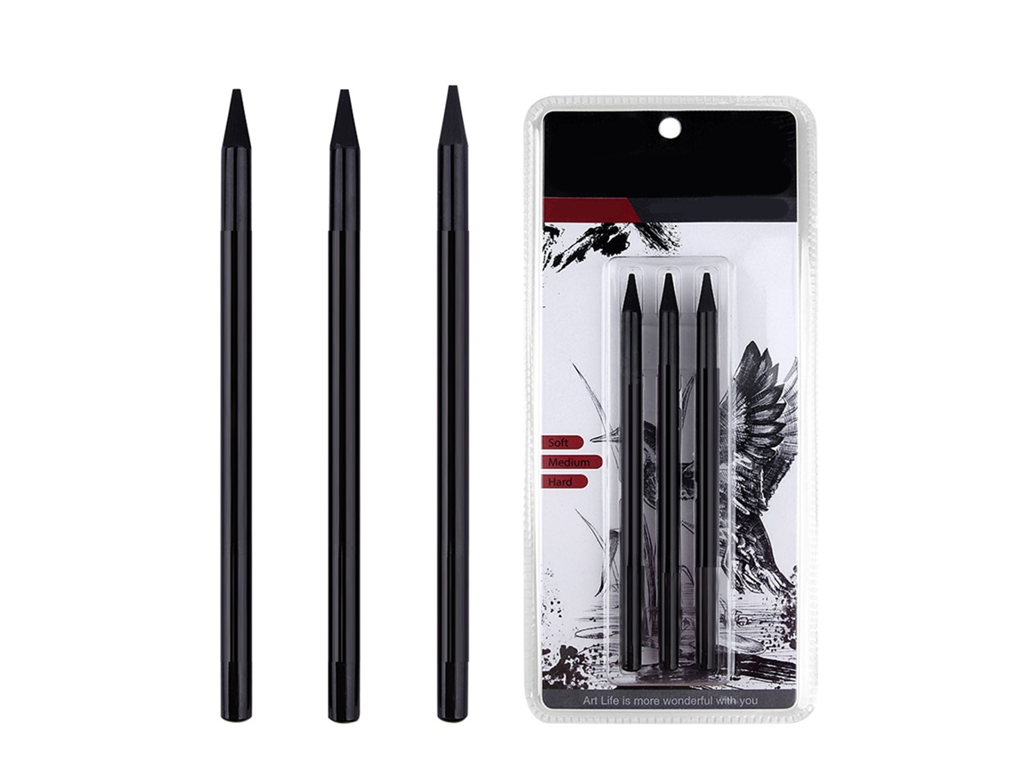 Set De Lápices De Carboncillo Profesional Com 3 Peças: Blando, Médio E Duro Para Desenho E Sombreado