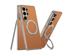 Capa Hexinyigjly Para Samsung S26 Ultra , Pele Com Anel Magnético E Suporte Invisível, Carregamento Sem Fios Laranja
