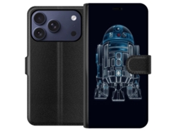 Capa Carteira Compatível Com Apple Iphone 17 Pro. Robô Detalhado Em Arte Linear Azul Brilhante Sobre Fundo Escuro, Tema Tecnológico E Moderno.