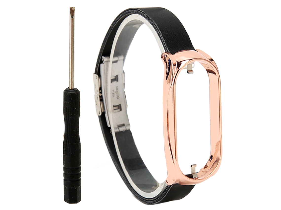 Pulseira de Couro Pu com Capa Protetora para Mi Band 7 Aço Inoxidável Preto e Dourado