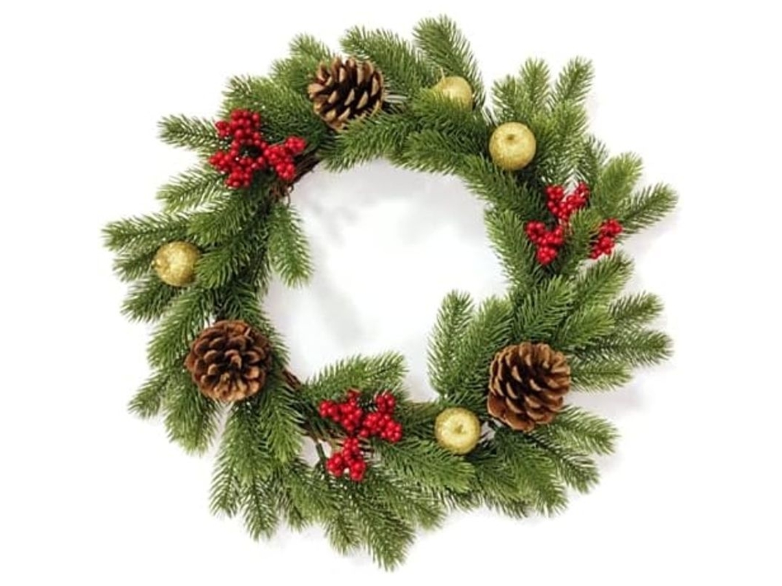 Corona De Navidad De 45 Cm Con Bayas Rojas Artificiales Y Piñas Para Colgar, Decoración De Puerta