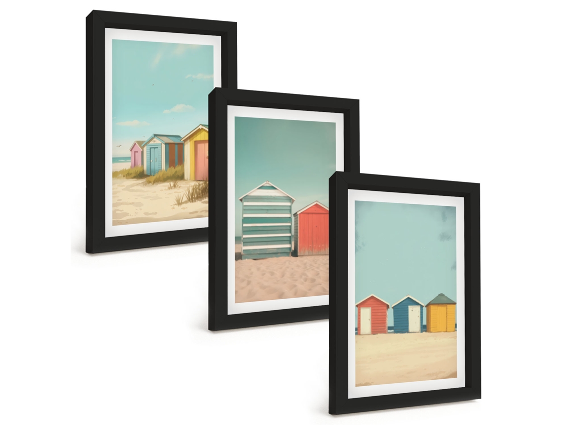 Composição De Quadroscasas Coloridas, Praia, Sol Moldura Preta Imagens Para Um Quarto Infantil Espelharte (3 Peças 20x30 Cm)