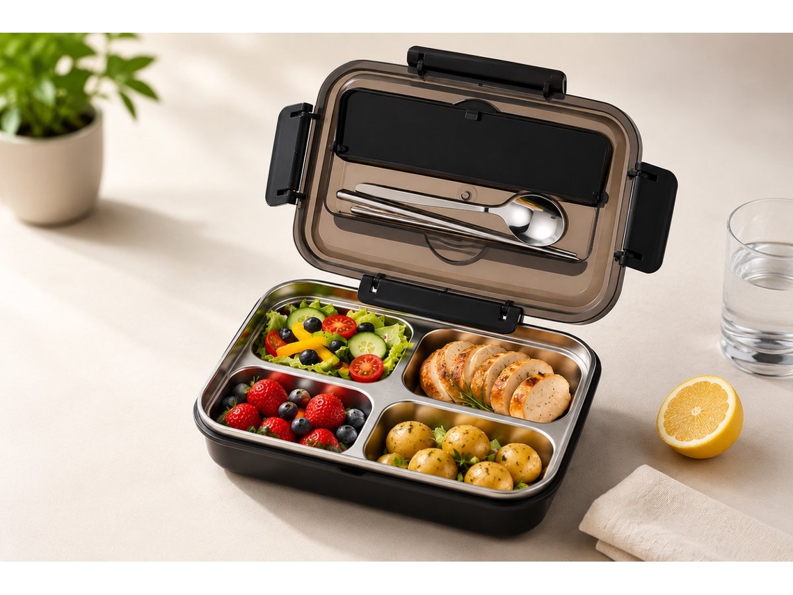 Lancheira de aço inox com tampa livre de BPA, compartimento para talheres, suporte para celular, para escola ou trabalho AQUAFORGE