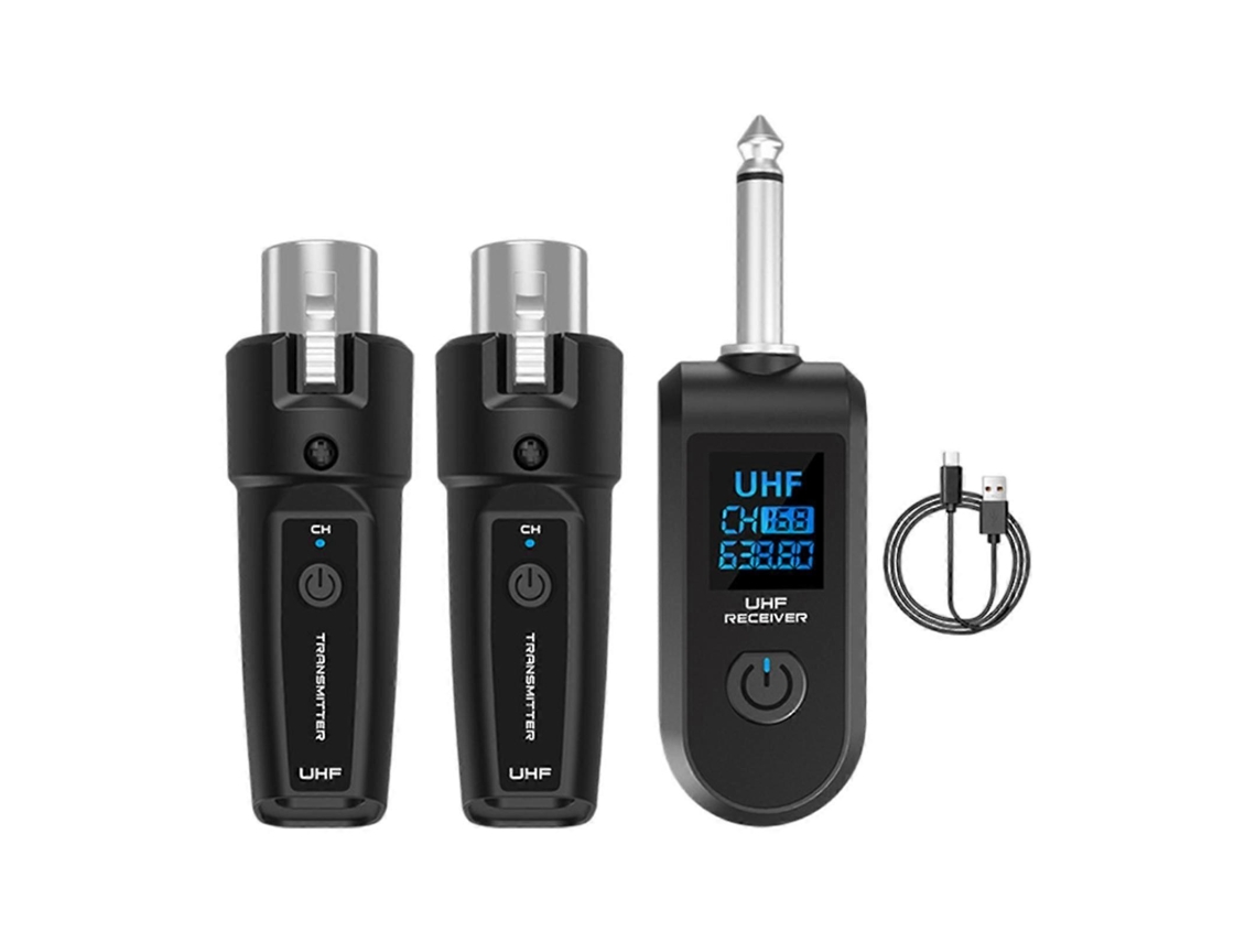 Sistema sem fio de microfone com transmissor e receptor de áudio para guitarra, microfone dinâmico 1 em 2
