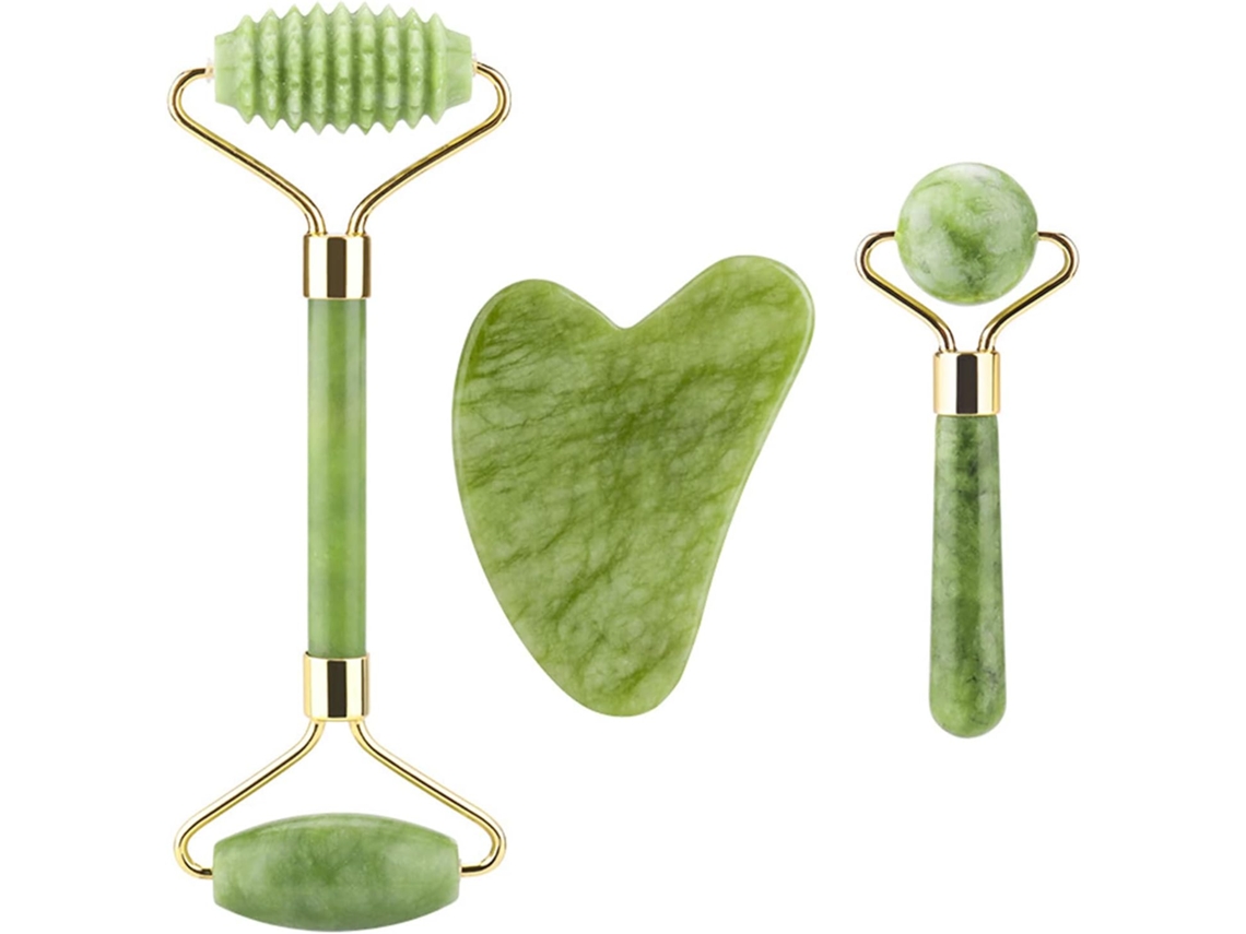 Rolo De Jade E Placa Gua Sha - Massagem Facial Com Pedras Naturais - Adequado Para Olhos, Rosto E Pescoço.