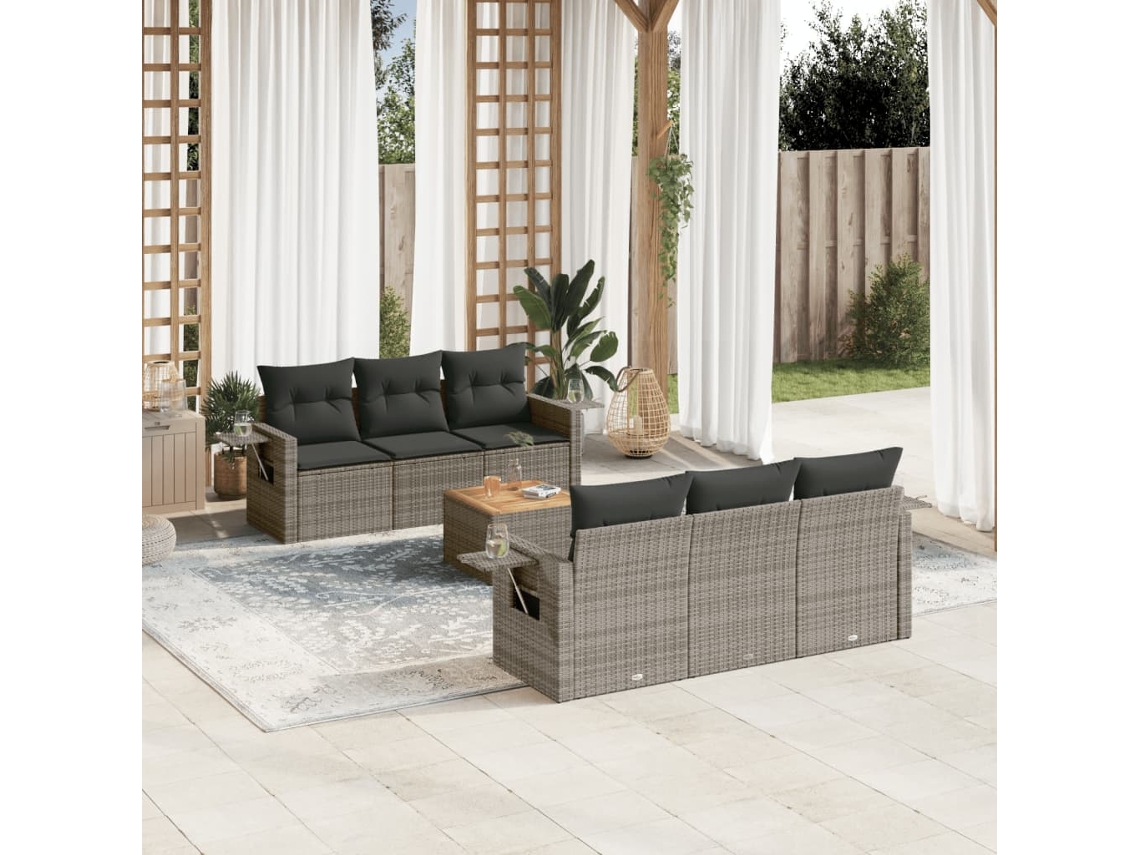 Vidaxl 7 Pcs Conjunto Sofás P/ Jardim C/ Almofadões Vime Pe Cinzento