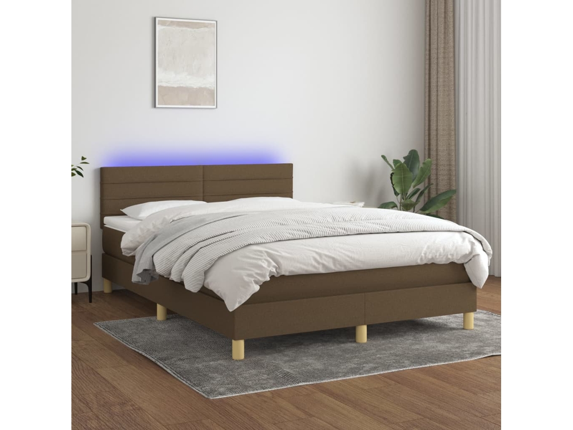 Vidaxl Cama Box Spring C/ Colchão/led 140x190cm Tecido Castanho-escuro