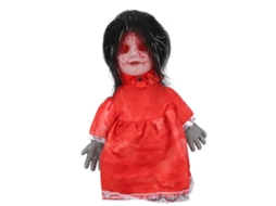Boneca assustadora de Halloween que anda, com controle de voz e cabelo preto, acessório de Halloween.