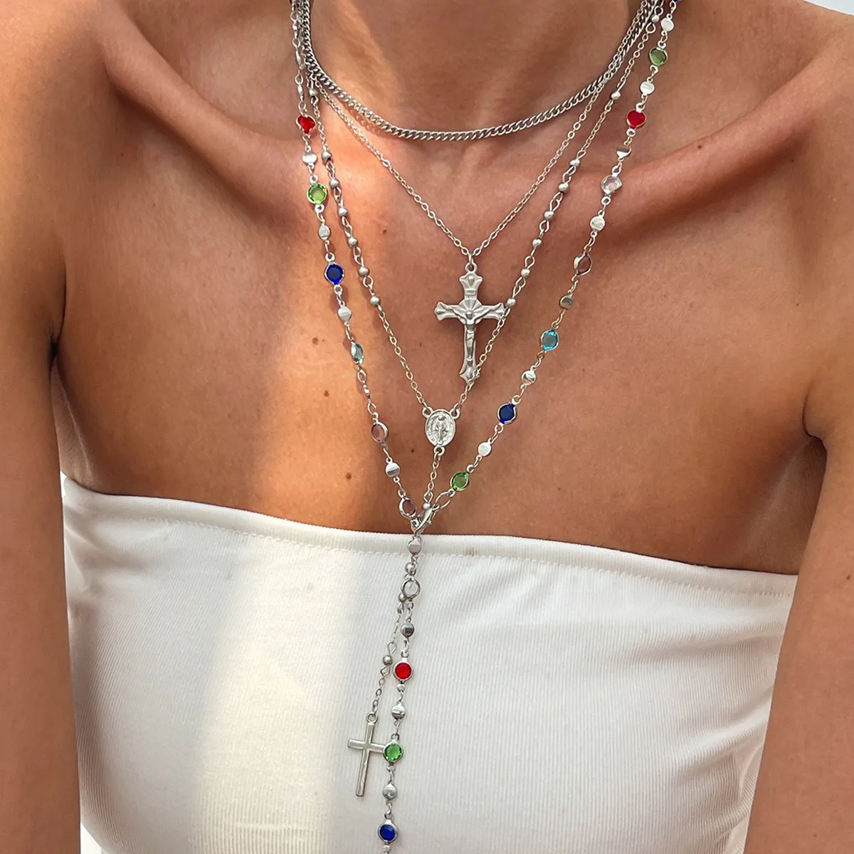 Colar De Luxo Com Pingente De Cruz Cravejado De Strass, Cristais Coloridos Para Festa Y2k