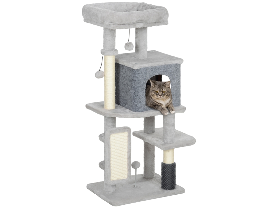 Large Cat Scratching Post, 104 Cm High, With Platforms, Posts, Brush, Hanging Balls, And Scratching Pads, Gray