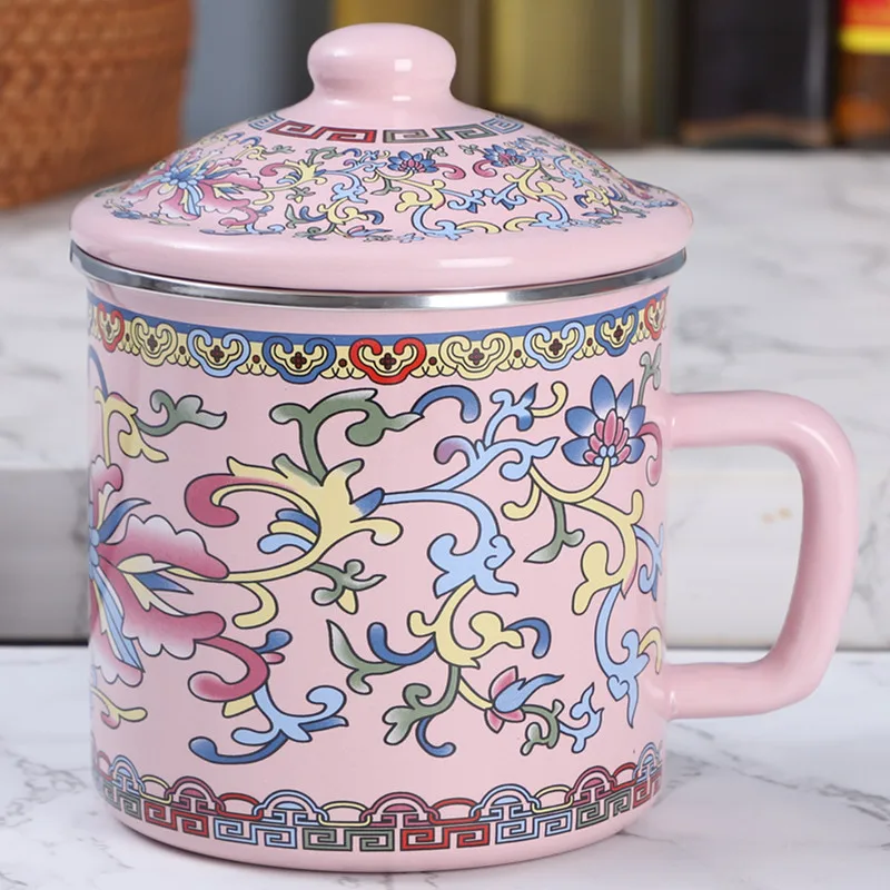 Caneca Retrô Personalizada de Esmalte com Tampa, Xícara de Chá Térmica, Conjunto para Bebidas MDUG (rosa, 500ml)