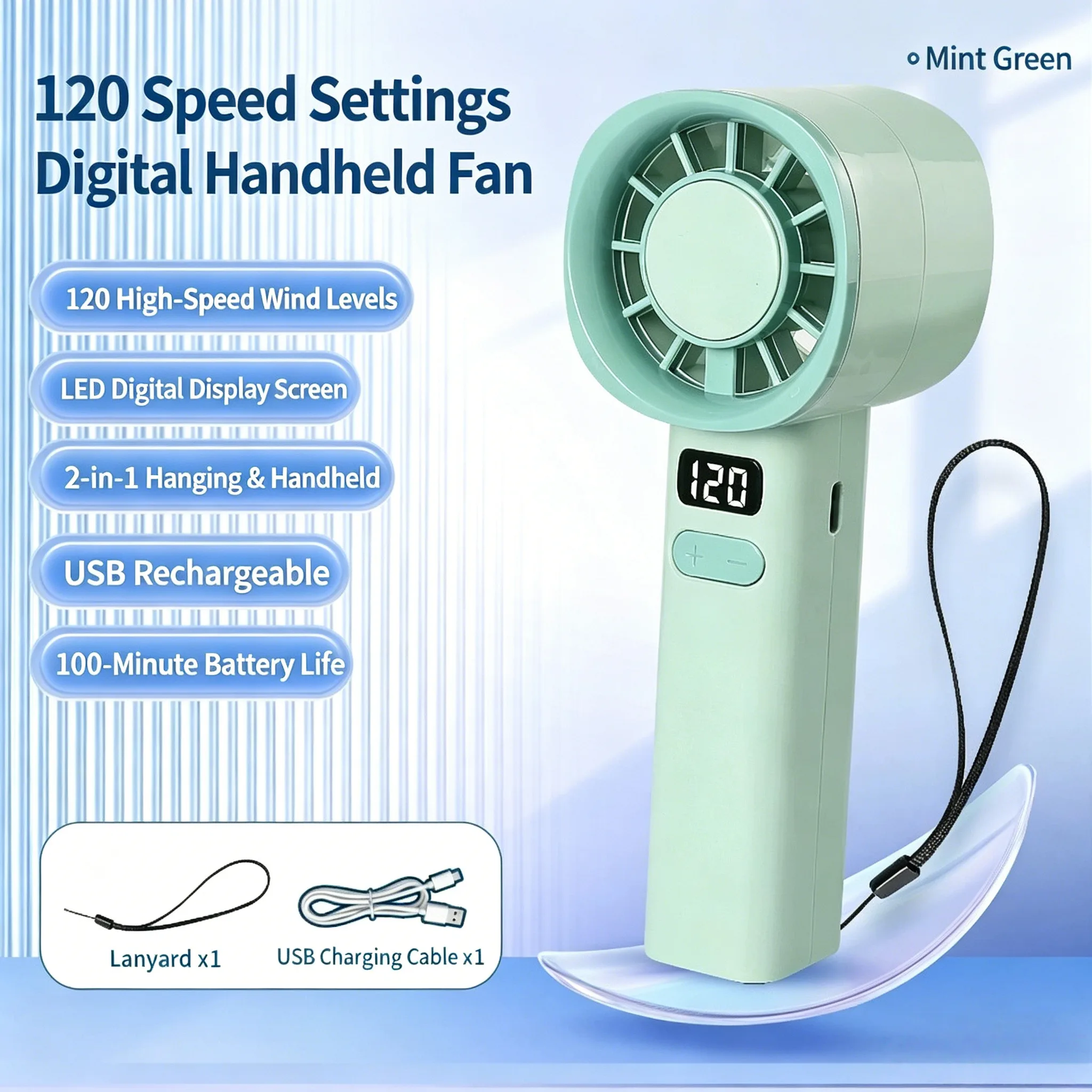 Mini Ventilador de Mão Recarregável MDUG com Tela Lcd (verde Claro)