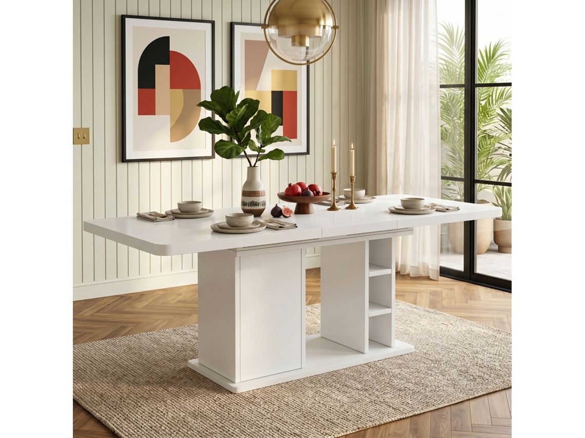 Mesa Extensível 140/180×80cm Com Arrumação Tampo Espesso Estilo Escandinavo Cor Branca