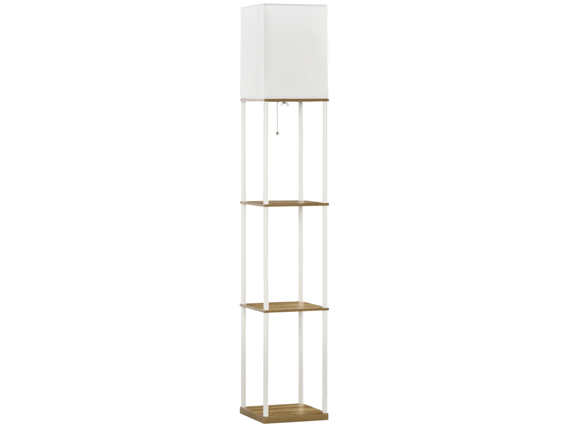Luminária De Chão Com Iluminação Indireta, Prateleiras, Estrutura Metálica, Cúpula De Tecido, 26x26x159cm, Branco/marrom