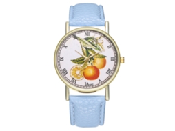 Relógio unissex casual de quartzo com estampa de frutas e pulseira de couro azul claro.