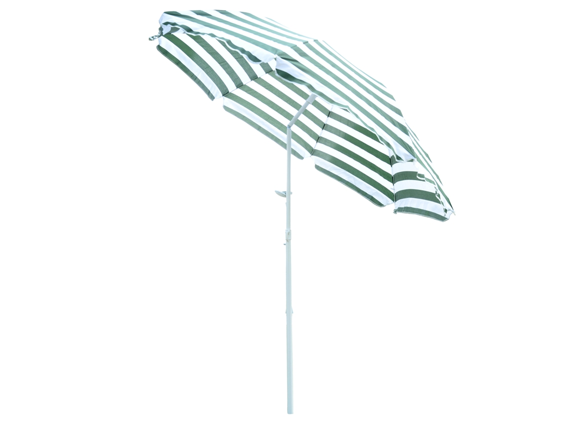 Guarda-sol de Praia Ø180cm Listrado, Poste Metálico, Telhado Inclinável e Proteção Solar (Verde Branco)