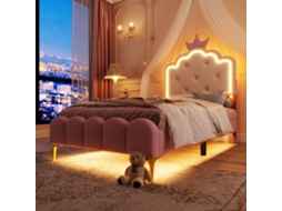 Cama Estofada De Solteiro, 90 X 200 Cm, Com Estrado De Ripas E Iluminação Ambiente, Formato Princesa Coroada, Rosa.