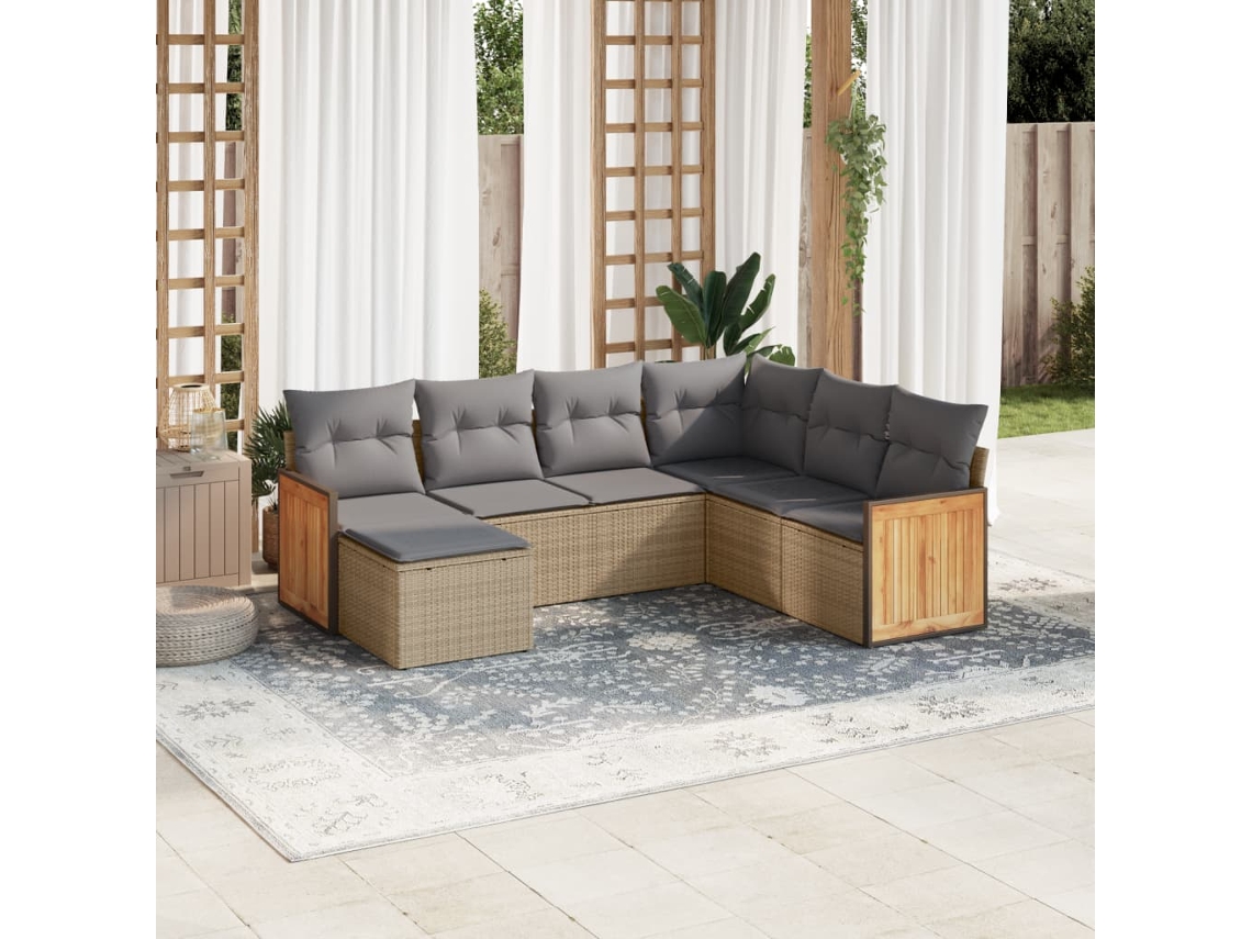 Vidaxl 7 Pcs Conjunto De Sofás P/ Jardim Com Almofadões Vime Pe Bege