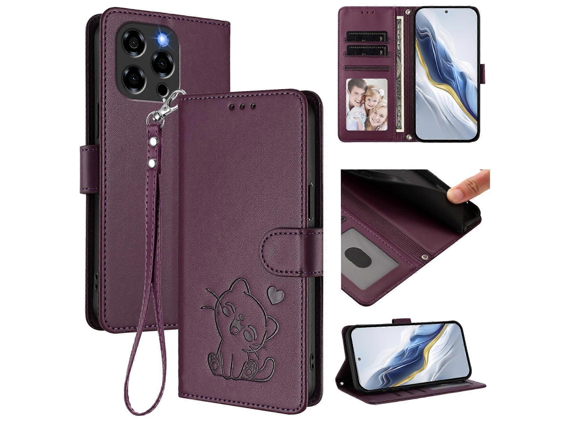 Capa De Couro Para Celular Com Estampa De Coração De Gato E Alça De Mão