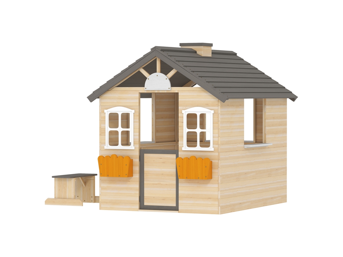 Casa De Jardim De Madeira Para Crianças De 3-7 Anos Com Janelas 2 Floreiras E 1 Banco 113x94x134,5 Cm